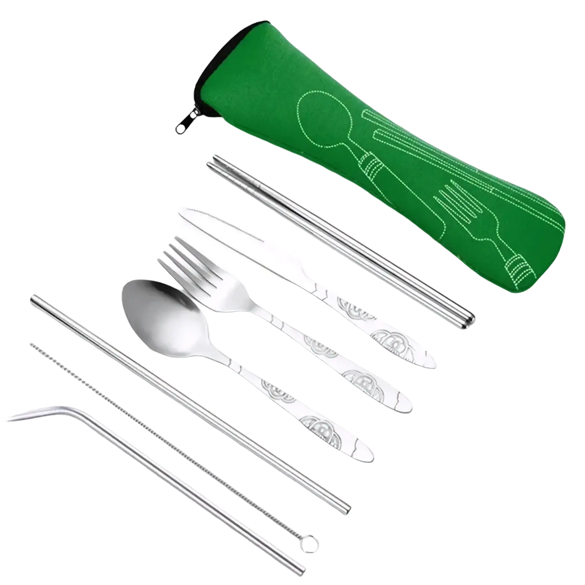 Silver stainless steel foldable travel cutlery set with engraved floral patterns and green zippered carrying case