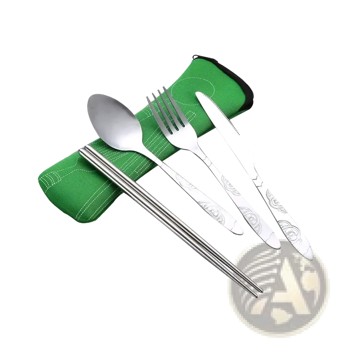 Silver stainless steel portable travel cutlery set with engraved handles and green fabric carrying case