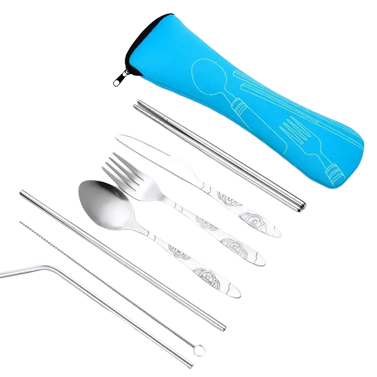 Silver stainless steel foldable travel cutlery set with engraved floral patterns and blue neoprene carrying case