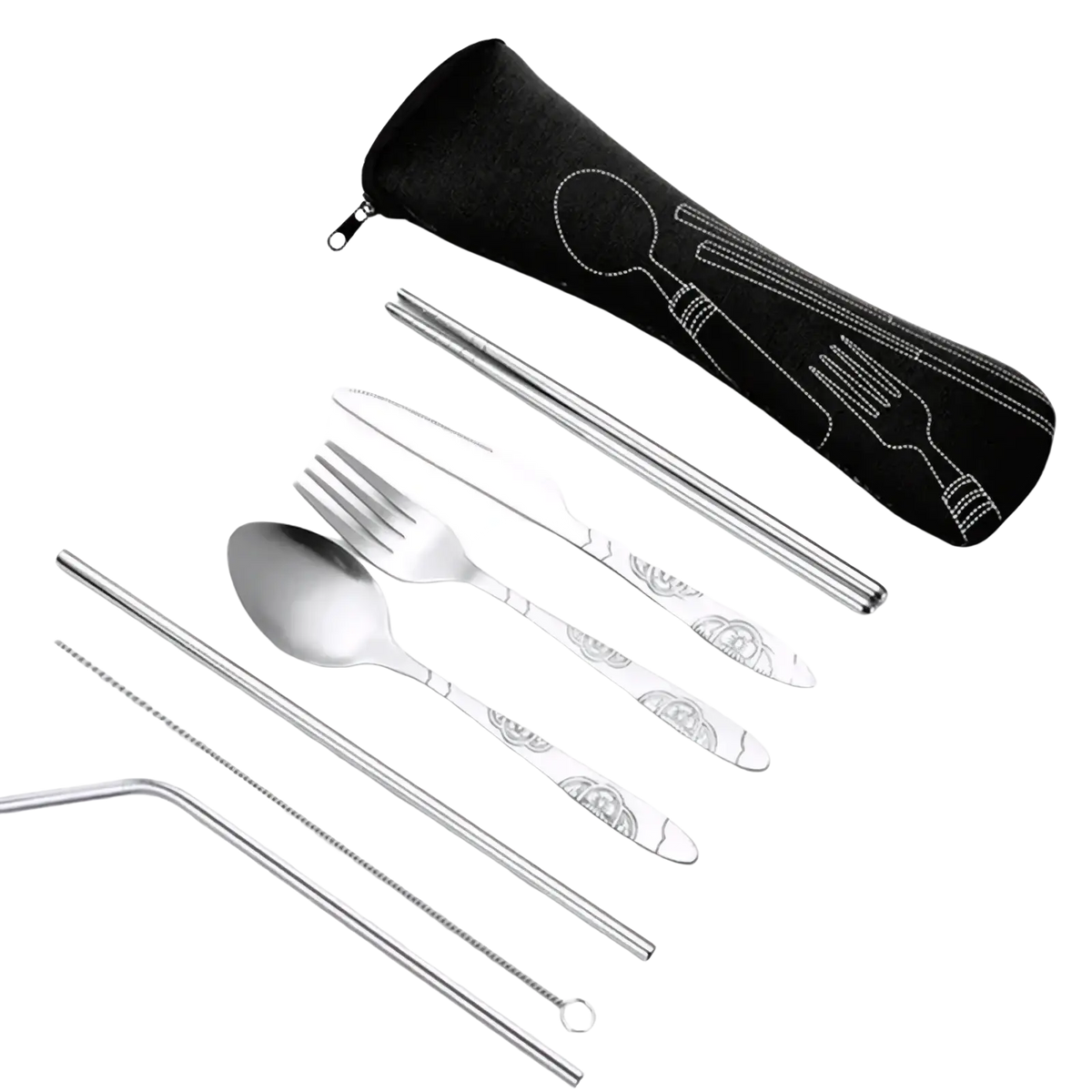 Silver stainless steel foldable utensil set with engraved floral patterns and black fabric carrying case for travel