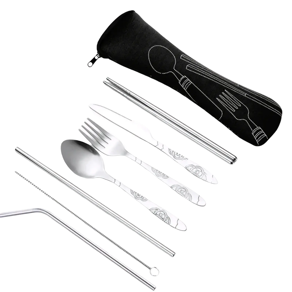Silver stainless steel portable travel cutlery set with foldable engraved floral handles in black fabric case