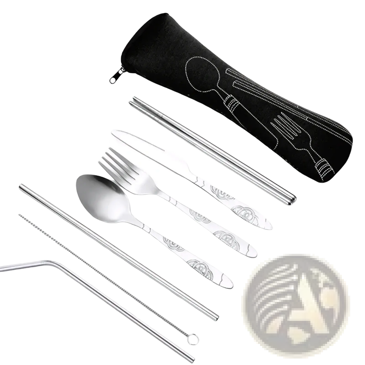 Silver stainless steel foldable utensil set with engraved floral patterns and black fabric carrying case for travel