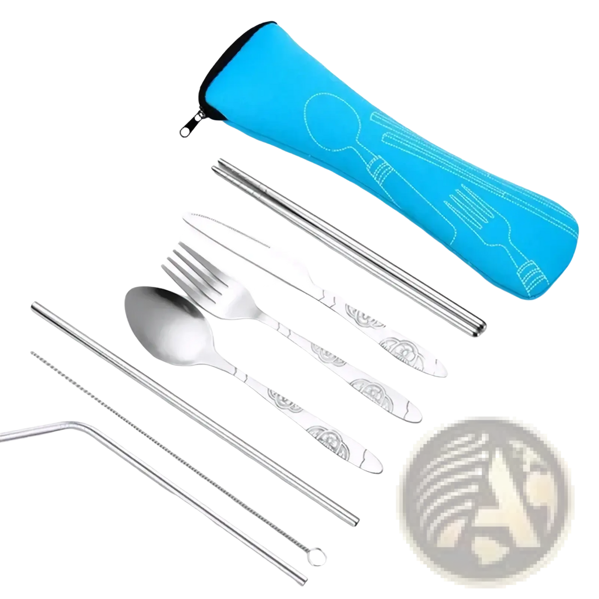 Silver stainless steel foldable travel cutlery set with engraved floral patterns and blue neoprene carrying case