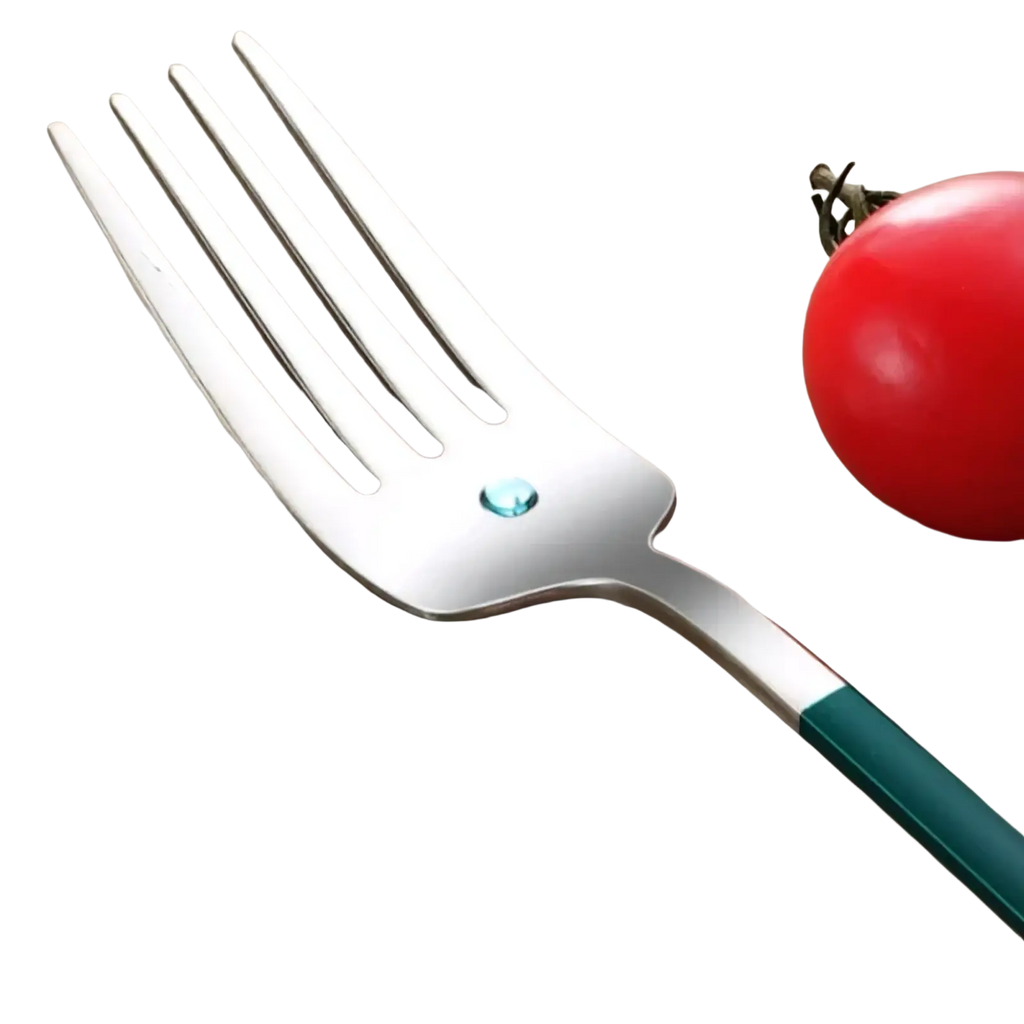 A sleek stainless steel portable travel fork with a teal handle and blue gemstone accent near the tines