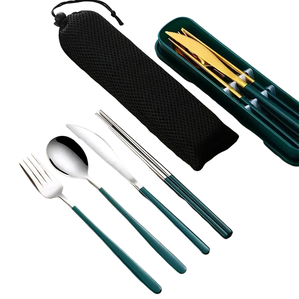 Stainless steel portable travel cutlery set with teal and green handles for convenient on the go use