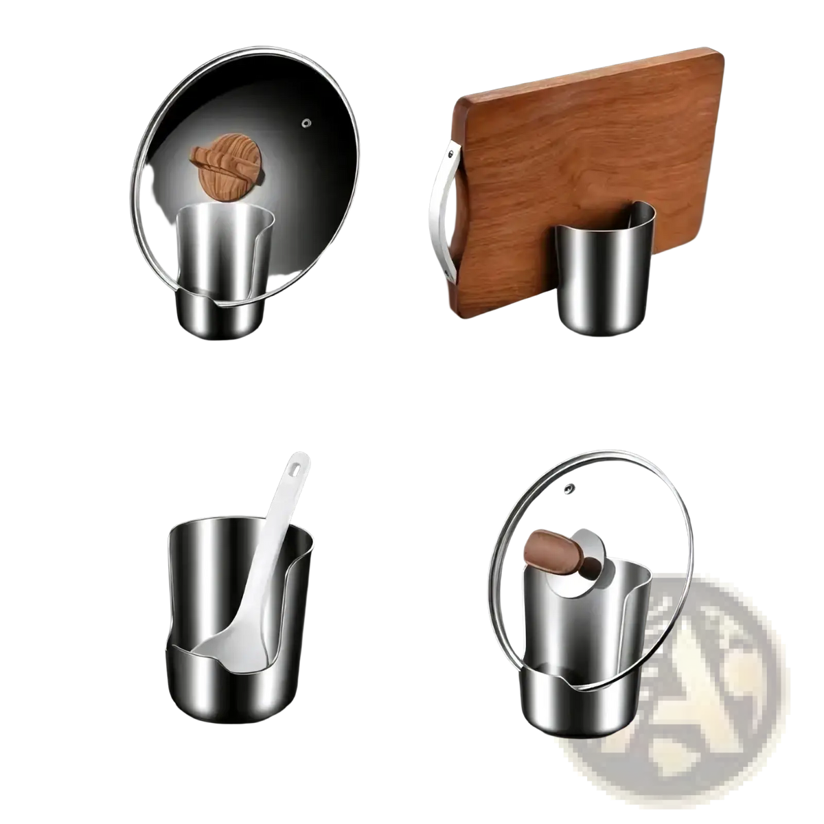 Stainless steel pot lid and spoon holder stand with a sleek cylindrical design and rounded edges in silver color