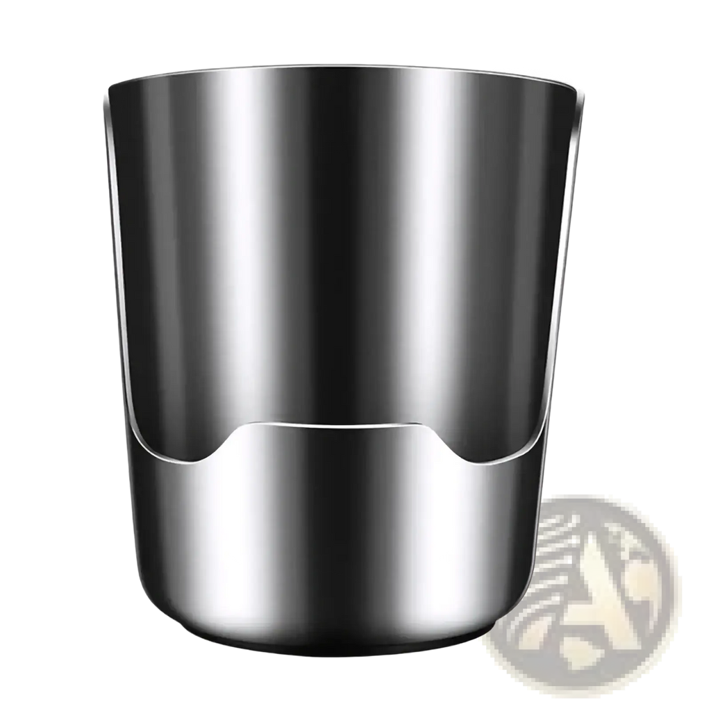 A sleek stainless steel pot lid and spoon holder stand with cylindrical shape and smooth reflective surface