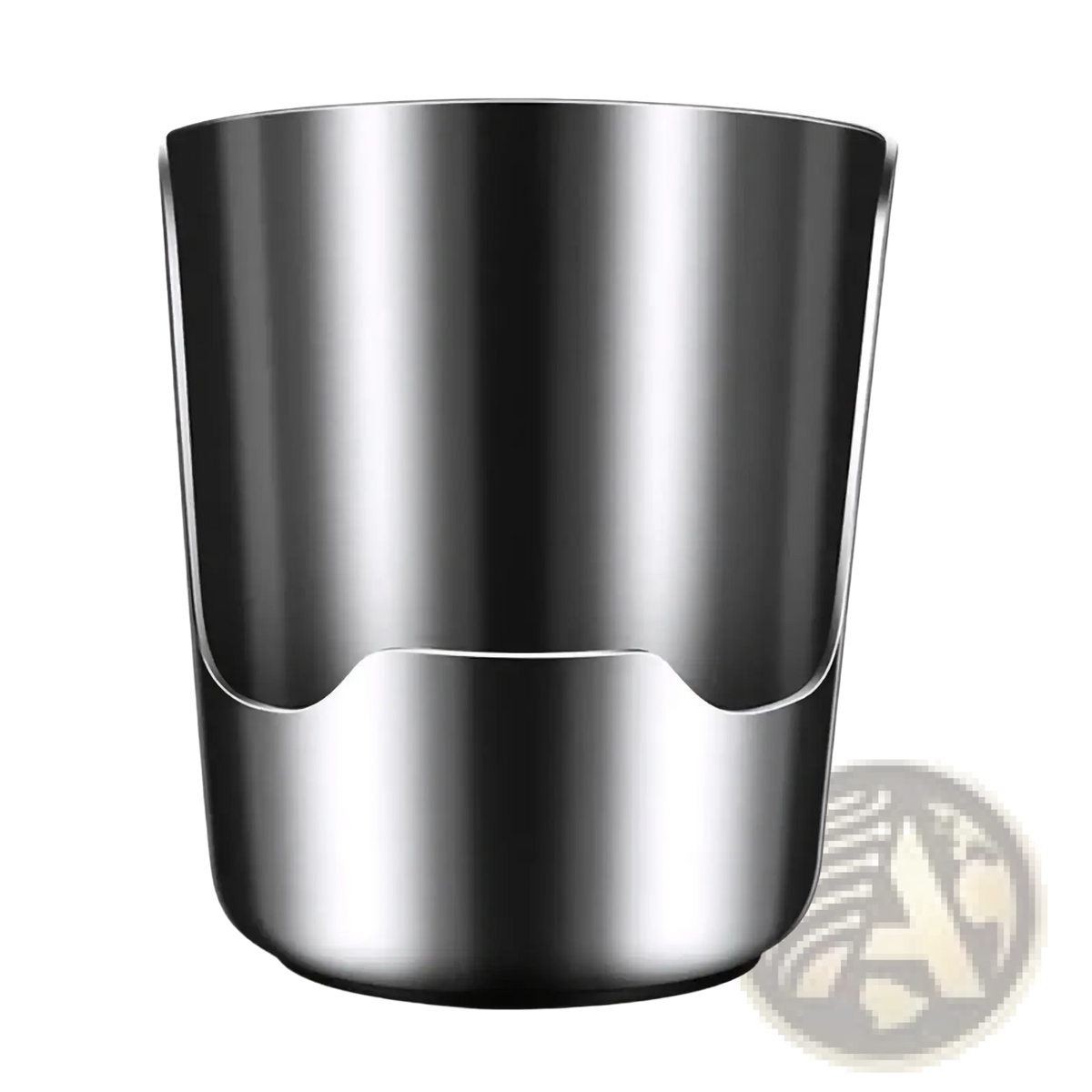 A sleek stainless steel pot lid and spoon holder stand with cylindrical shape and smooth reflective surface
