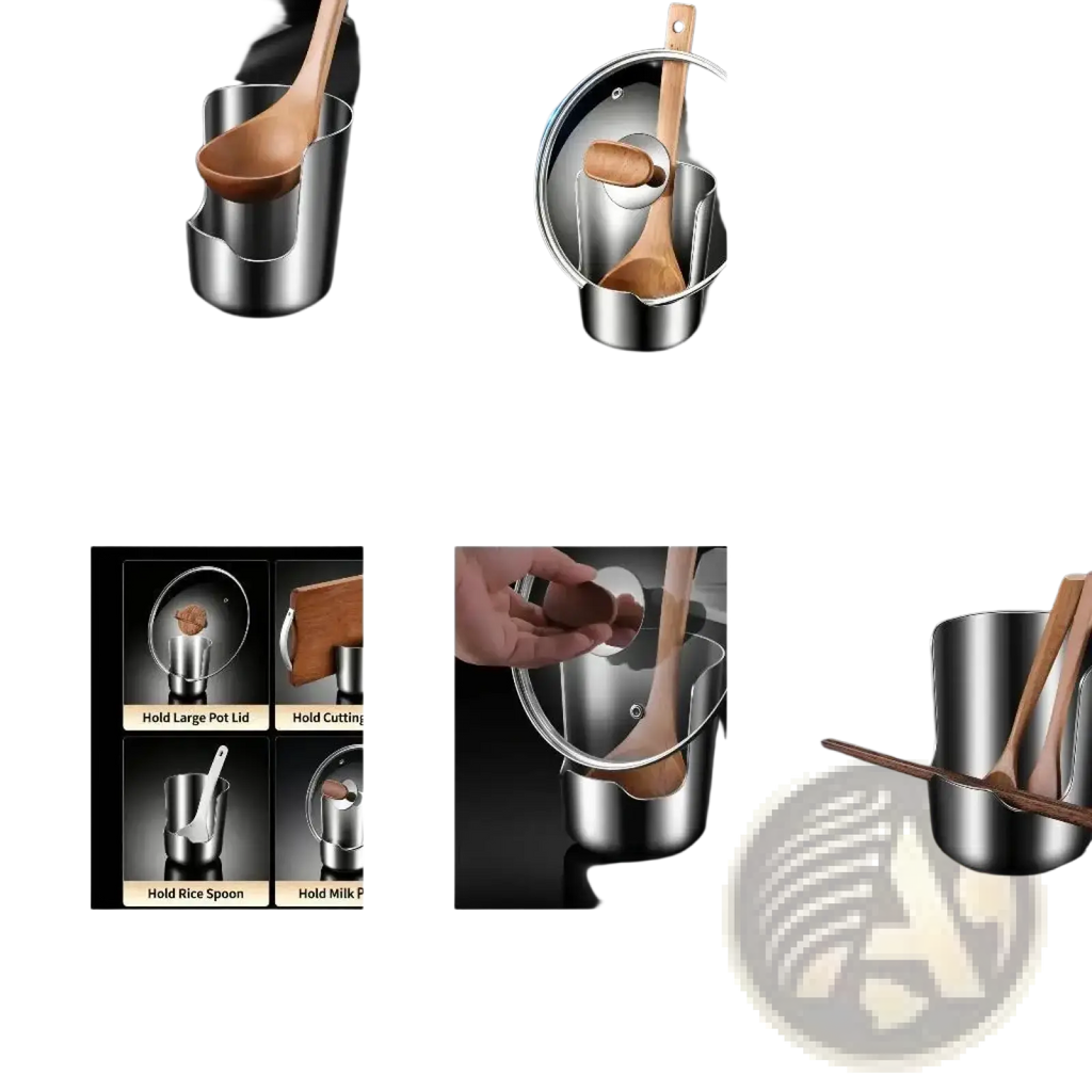 Stainless steel pot lid and spoon holder stand with a sleek ladle and wooden handle for kitchen organization