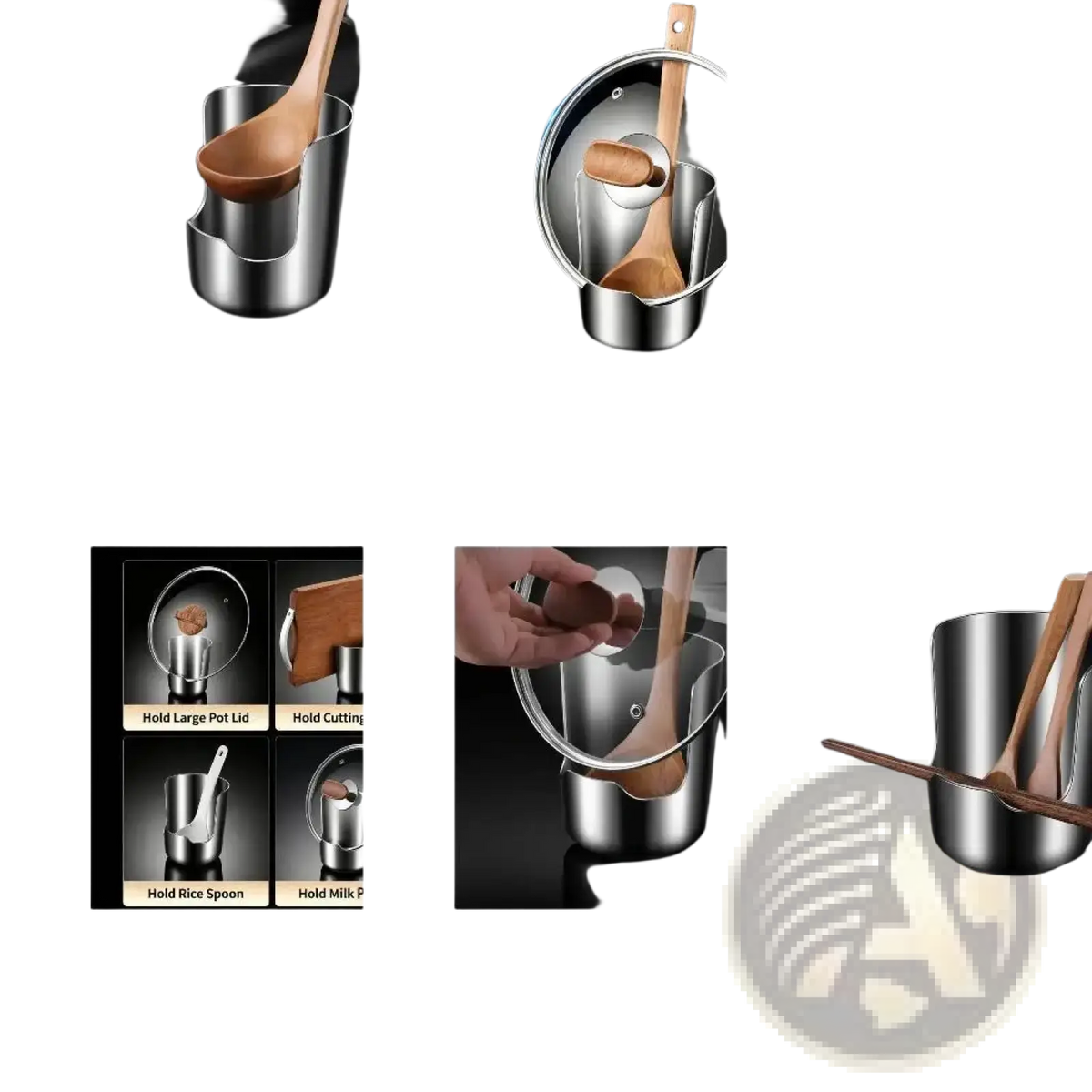 Stainless steel pot lid and spoon holder stand with a sleek ladle and wooden handle for kitchen organization