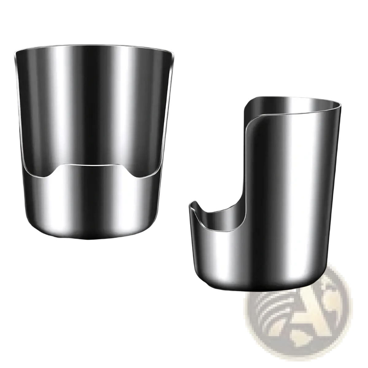 Two stainless steel pot lid and spoon holder stands with a modern minimalist design and distinctive cut-out handles