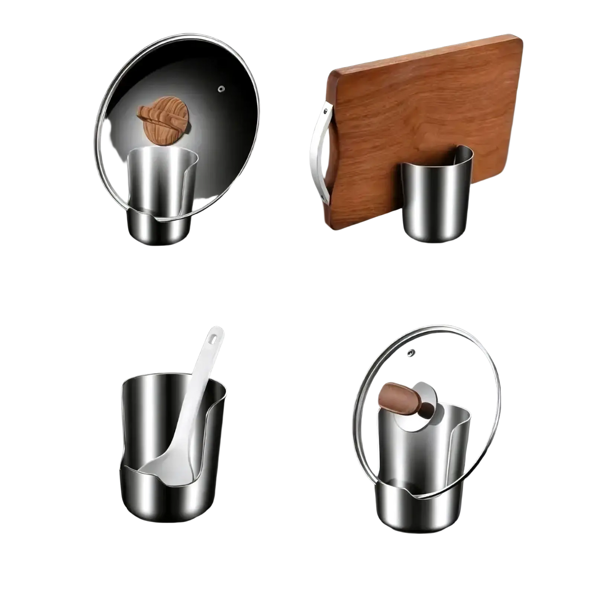 Stainless steel pot lid and spoon holder stand with a sleek cylindrical design and rounded edges in silver color