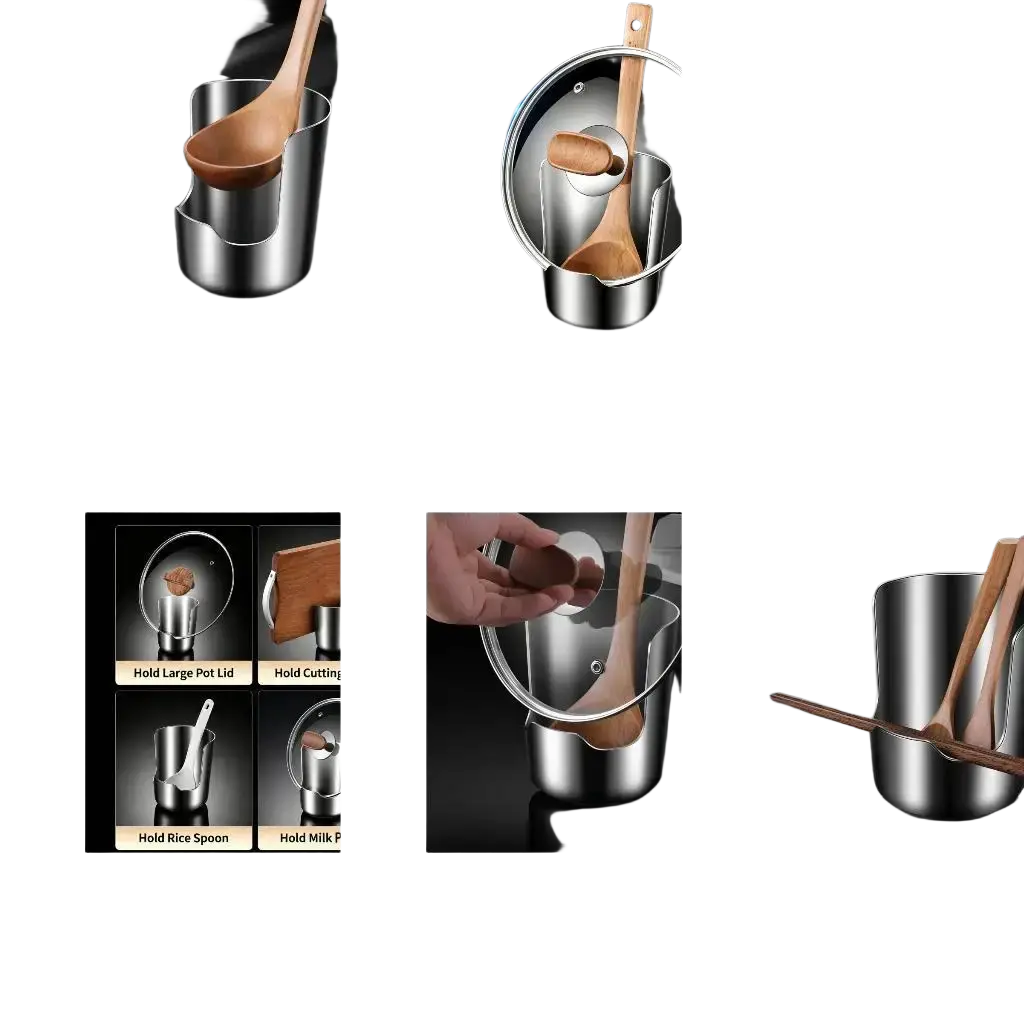 Stainless steel pot lid and spoon holder stand with a sleek ladle and wooden handle for kitchen organization