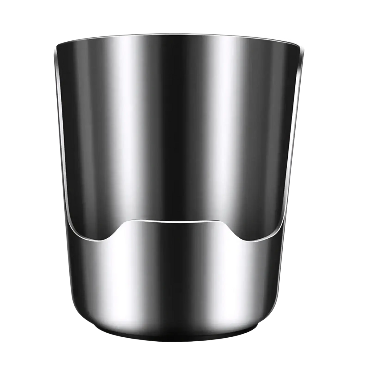 A sleek stainless steel pot lid and spoon holder stand with cylindrical shape and smooth reflective surface