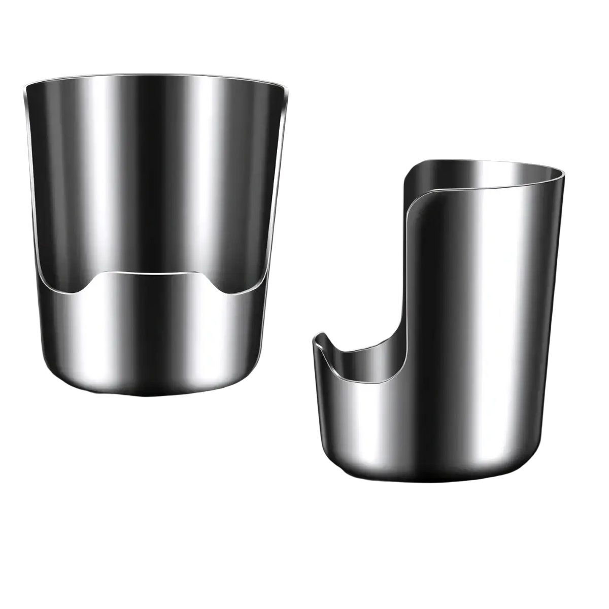 Two stainless steel pot lid and spoon holder stands with a modern minimalist design and distinctive cut-out handles