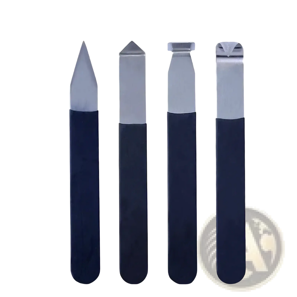 Set of four stainless steel pottery clay carving tools with navy blue rubberized handles and distinct tip shapes