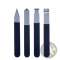 Set of four stainless steel pottery clay carving tools with navy blue rubberized handles and distinct tip shapes