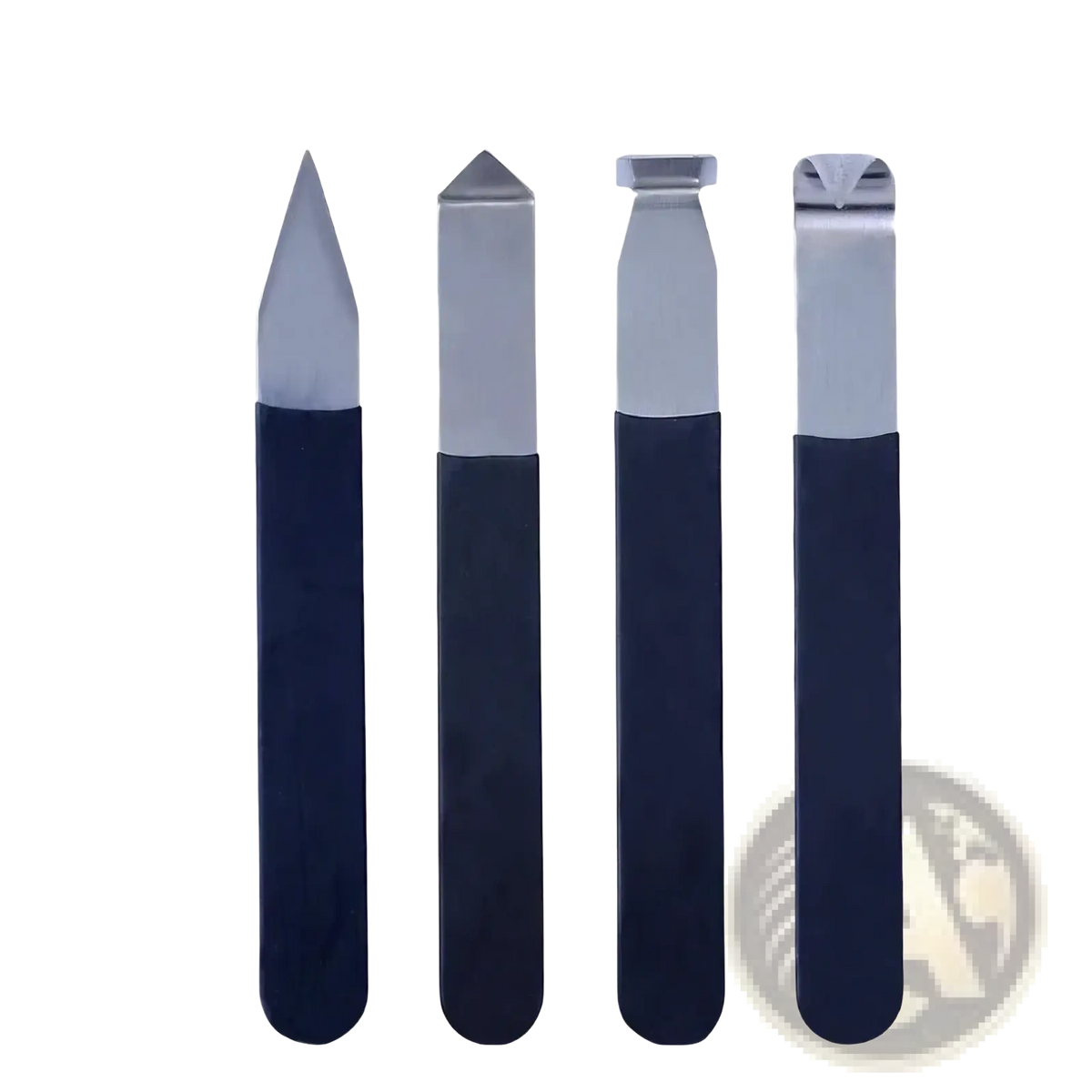 Set of four stainless steel pottery clay carving tools with navy blue rubberized handles and distinct tip shapes