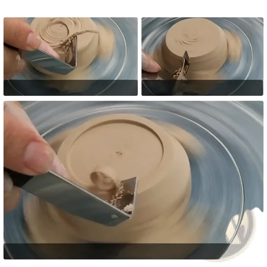 A beige clay pot being shaped on a pottery wheel using a stainless steel pottery clay carving tool set
