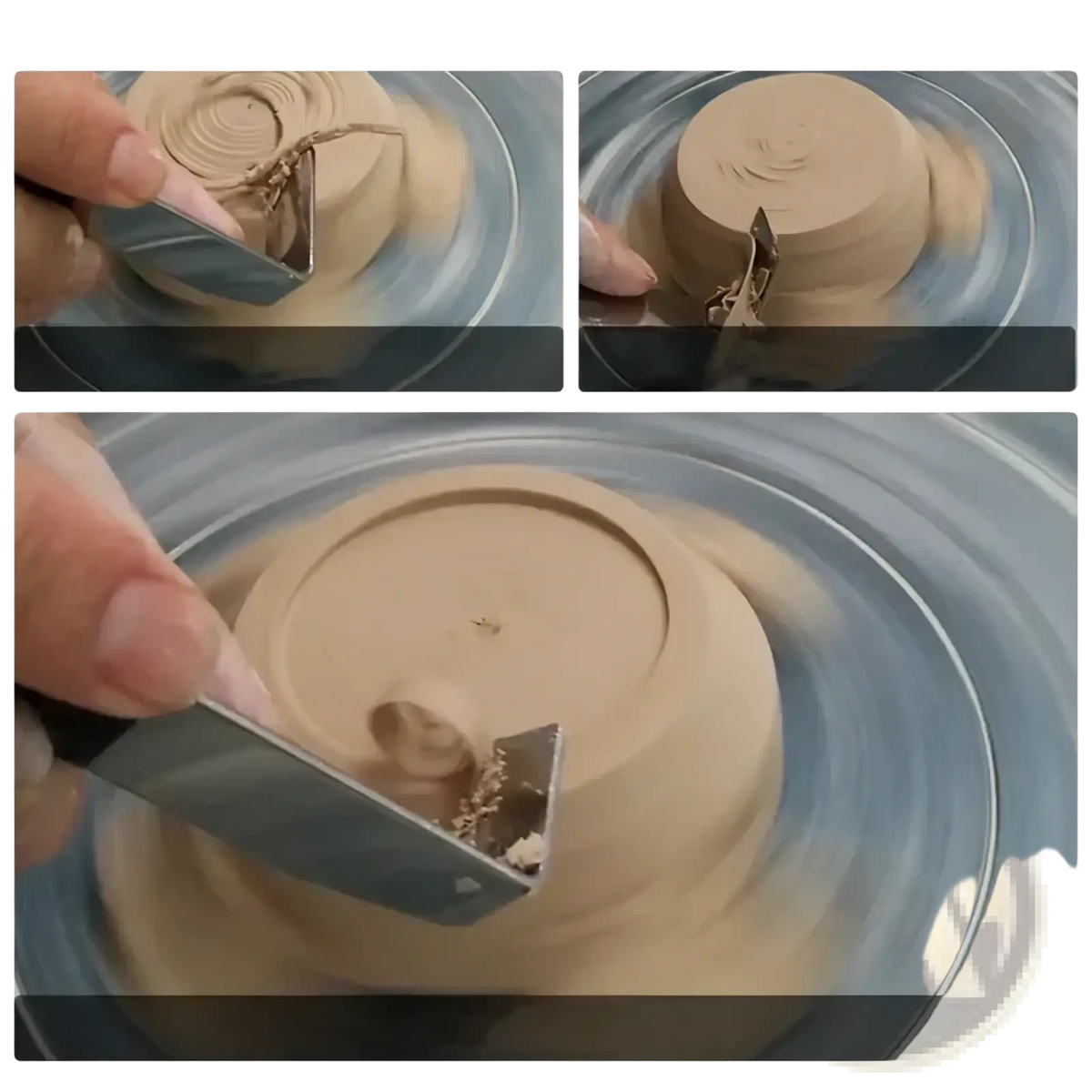 A beige clay pot being shaped on a pottery wheel using a stainless steel pottery clay carving tool set