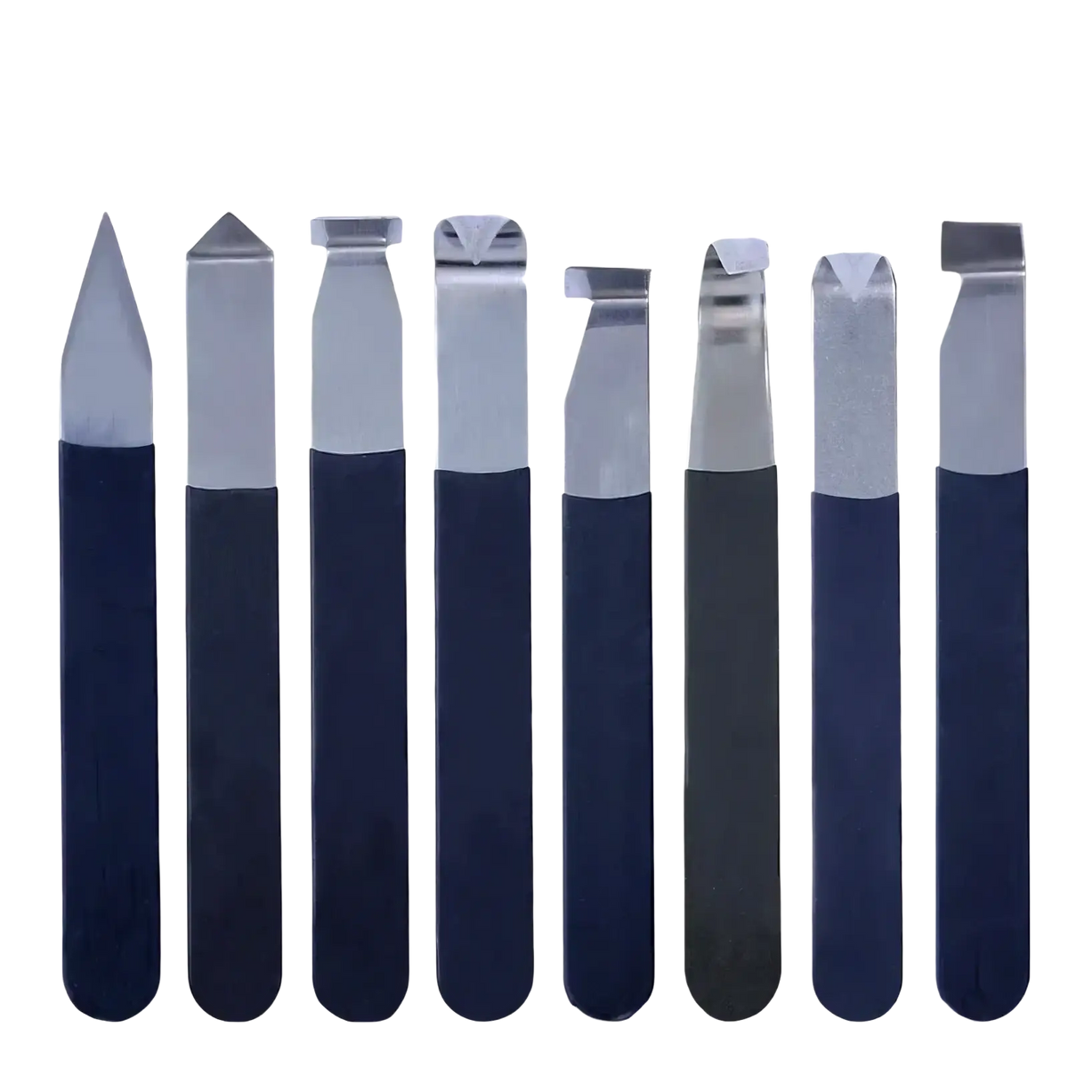 Set of eight stainless steel pottery clay carving pry tools with navy blue rubberized handles for precision work