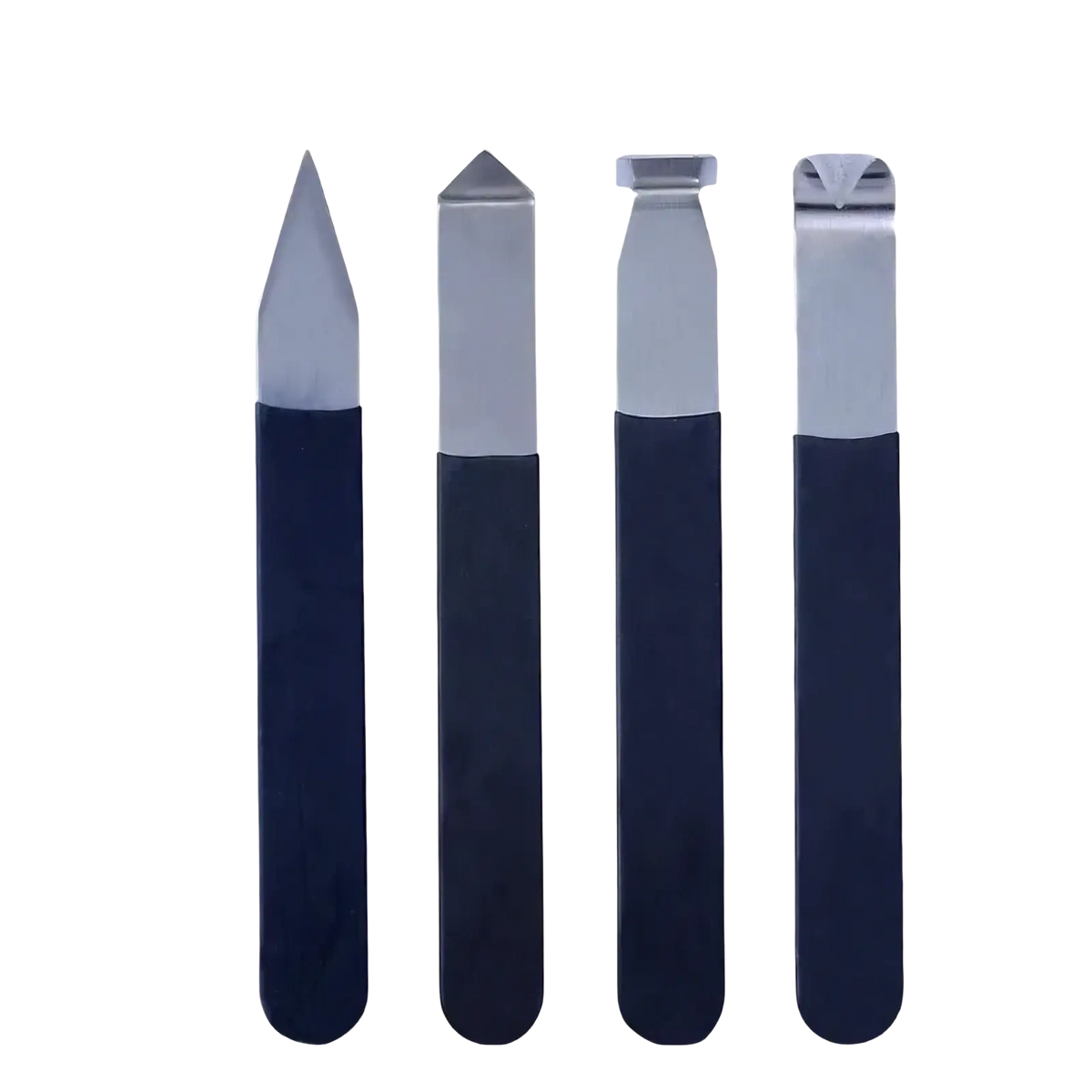 Set of four stainless steel pottery clay carving tools with navy blue rubberized handles and distinct tip shapes