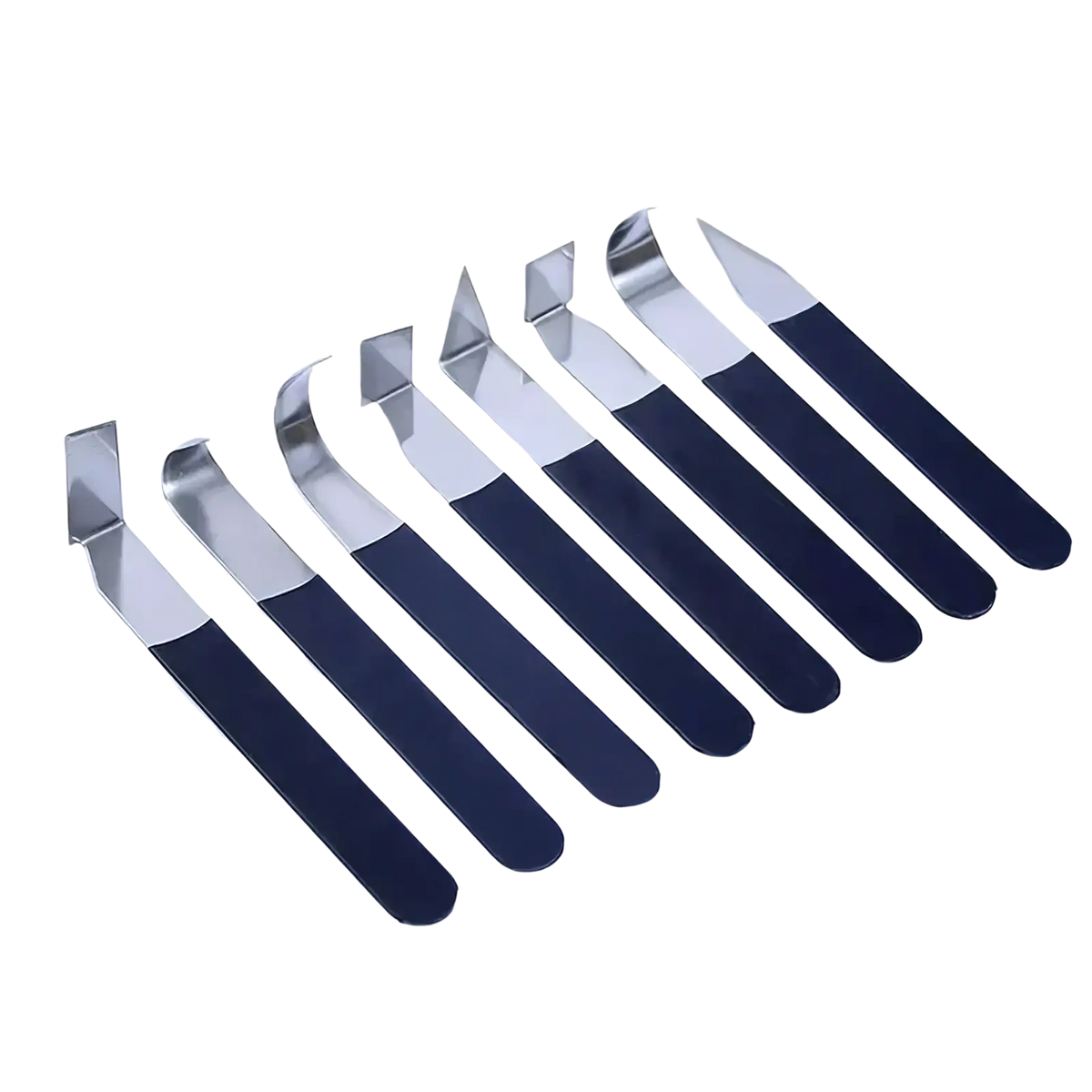 Set of seven stainless steel pottery clay carving tools with black rubberized handles and unique cutting edges