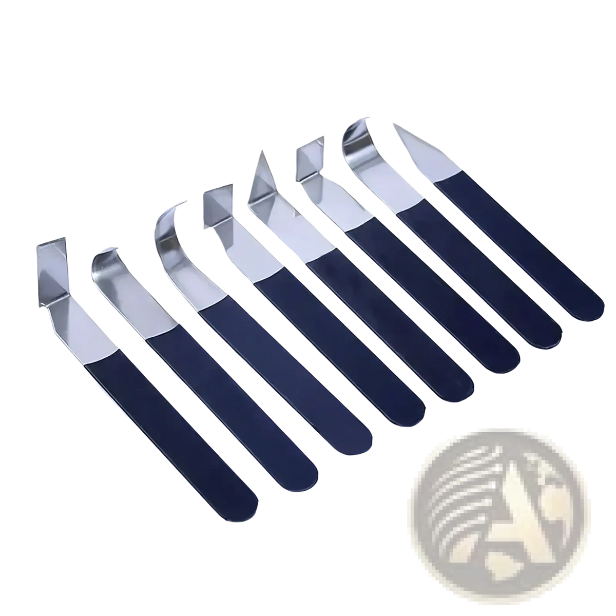 Set of seven stainless steel pottery clay carving tools with black rubberized handles and unique cutting edges