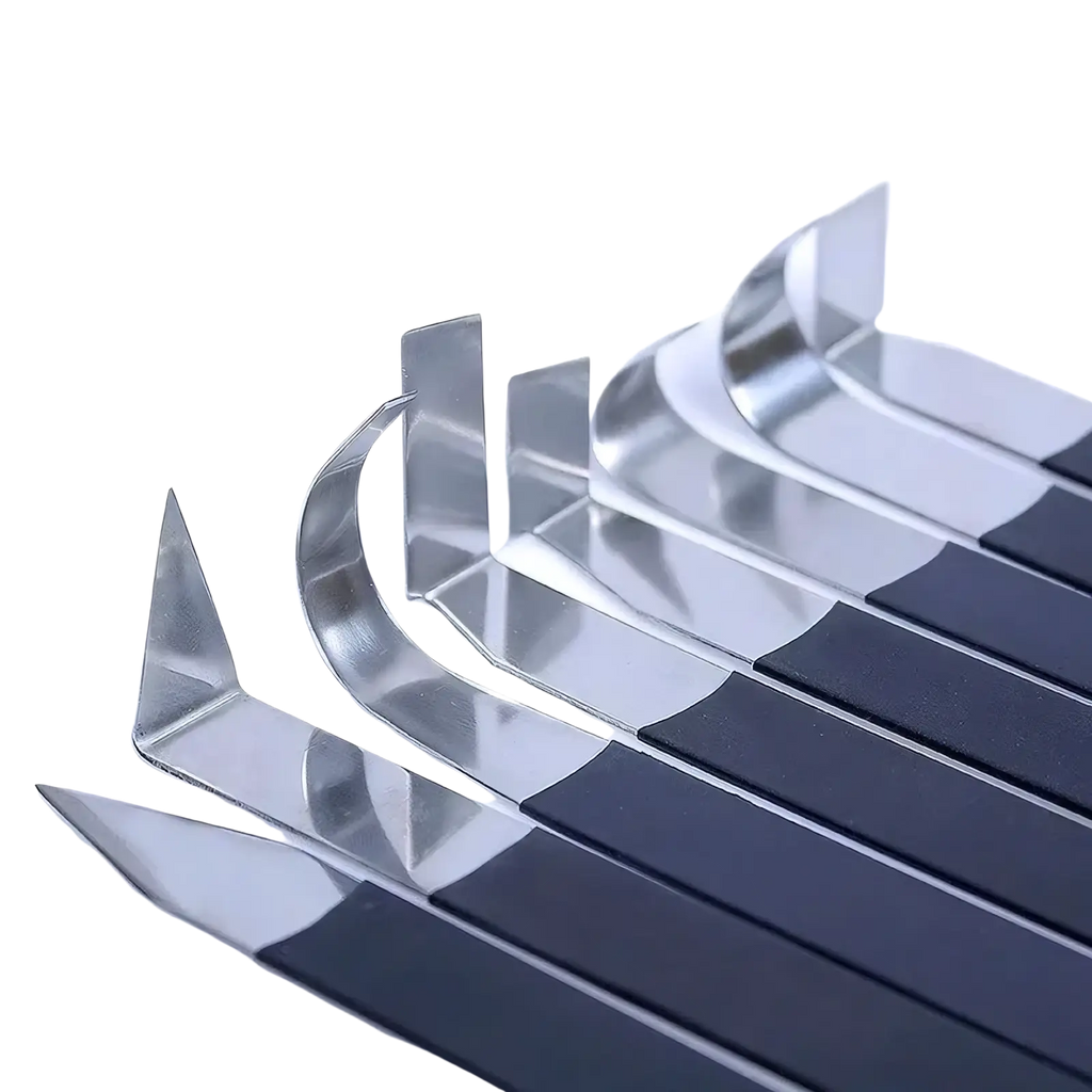 Set of metallic stainless steel pottery clay carving corner protectors with black rubberized strips for edge shielding