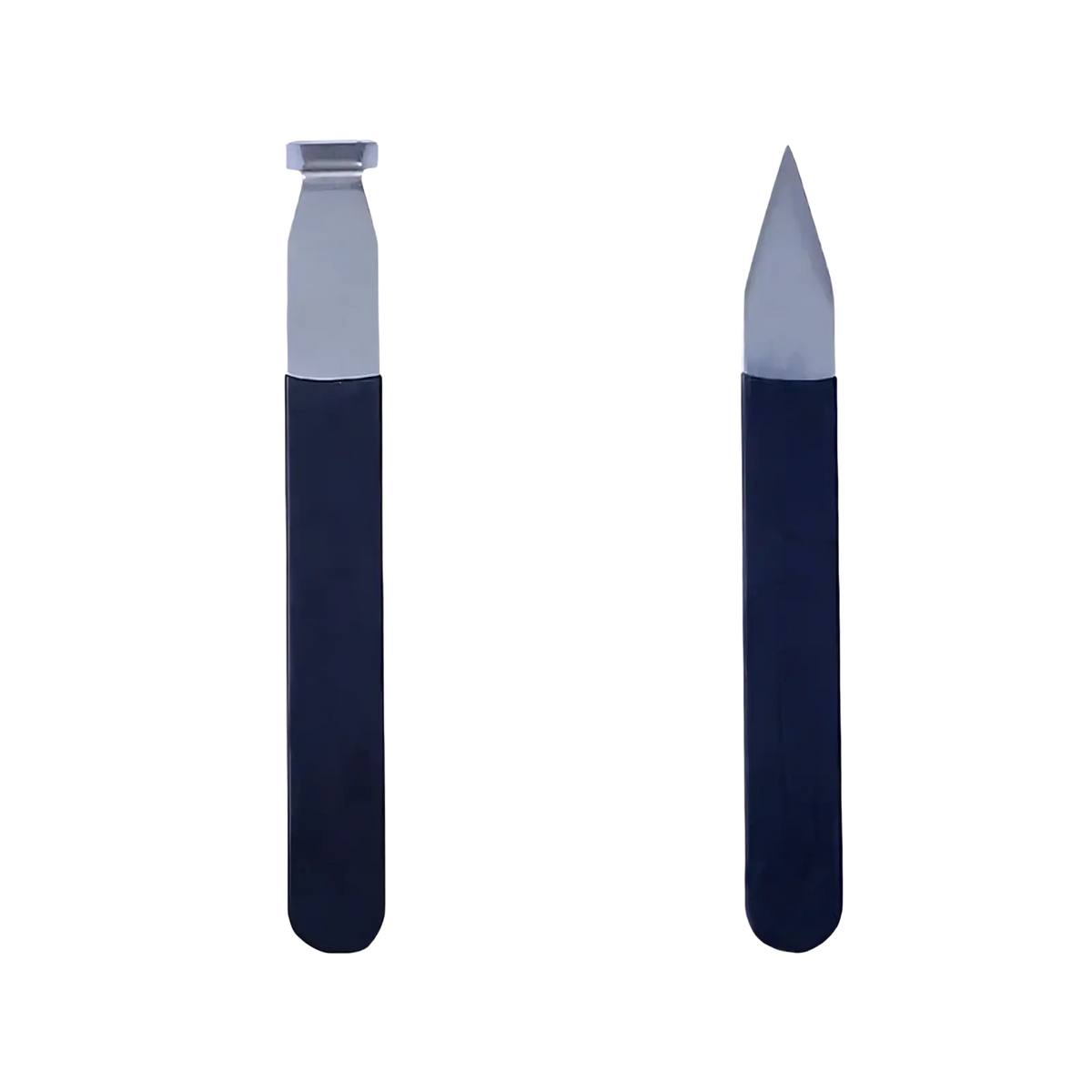 Stainless steel pottery clay carving tool set with two 15.5cm navy blue handles and silver square and pointed tips