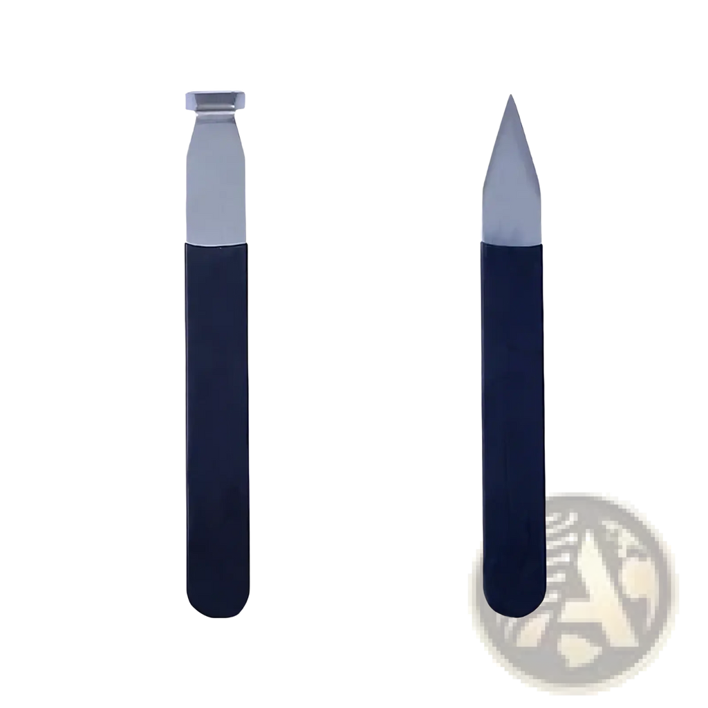 Stainless steel pottery clay carving tool set with two 15.5cm navy blue handles and silver square and pointed tips