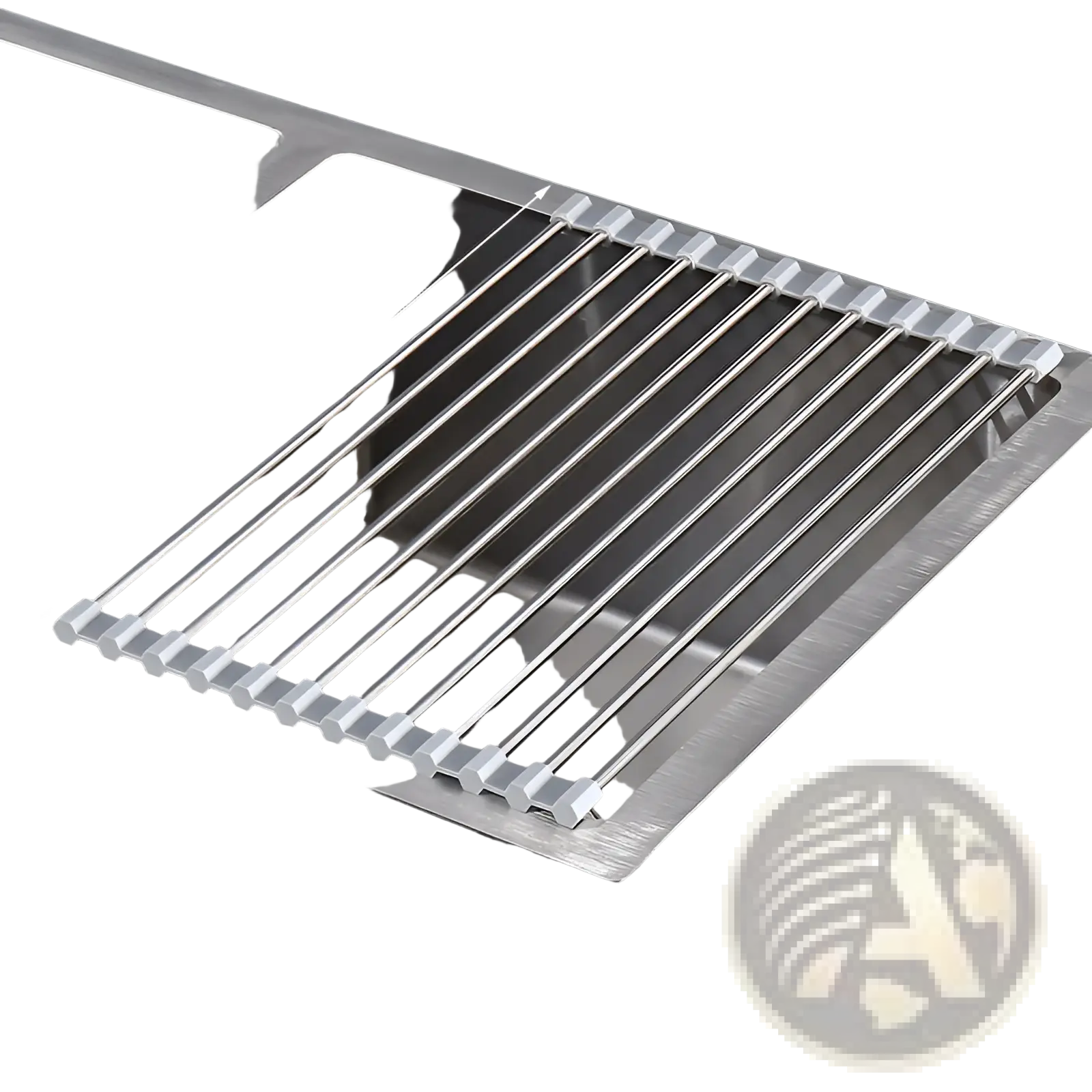 Stainless steel roll up dish drying rack for sink with white plastic end caps for durable kitchen use