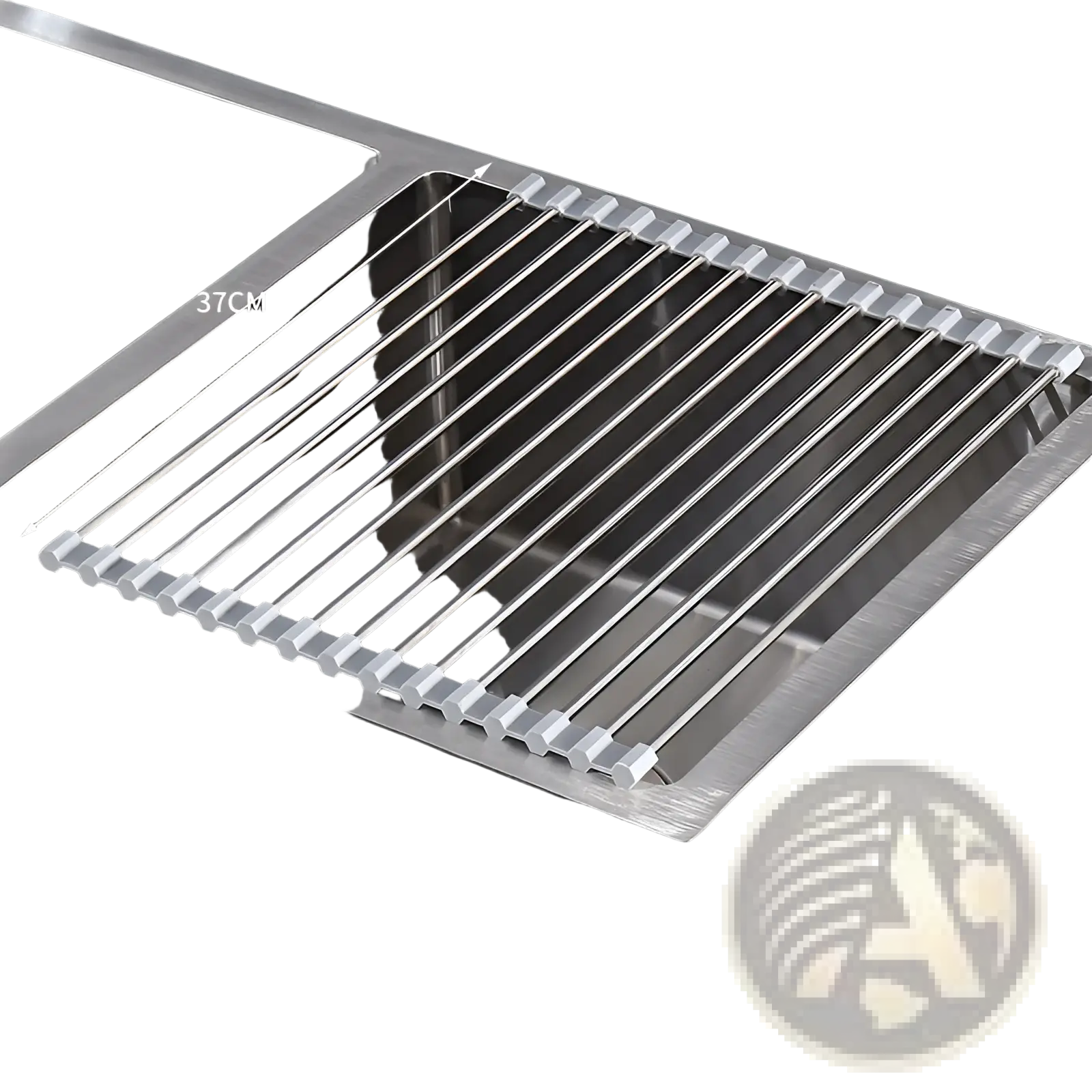 Stainless steel roll up dish drying rack for sink with sleek brushed finish and evenly spaced bars
