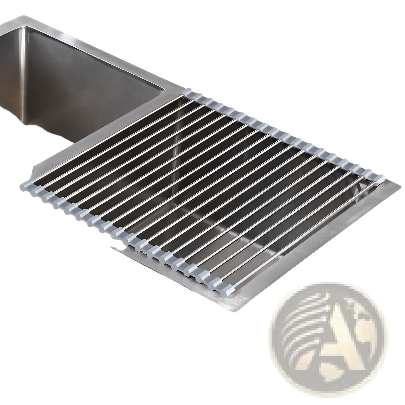 Stainless steel roll up dish drying rack in silver with adjustable grid bars and a sleek modern design for sink use