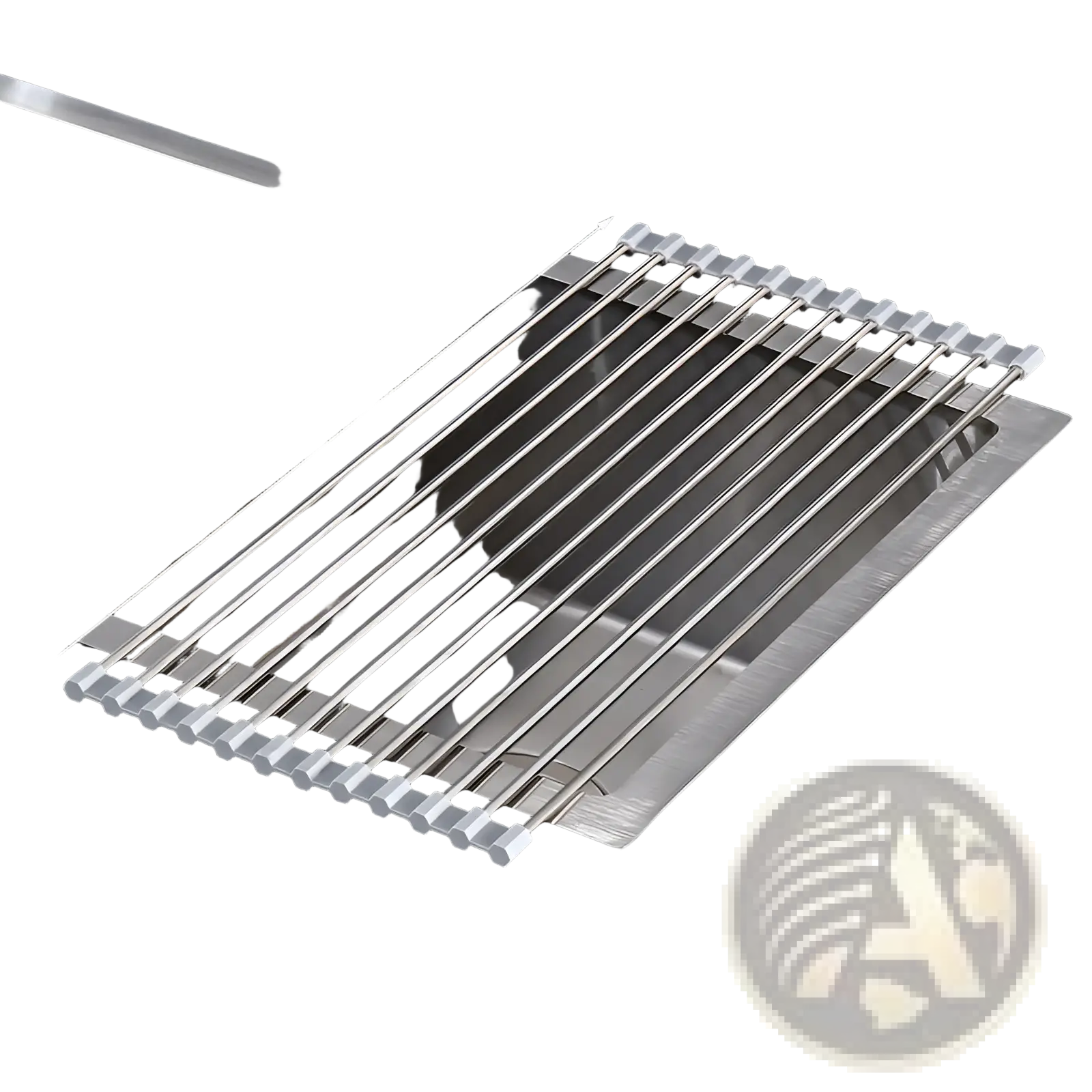 Stainless steel roll up dish drying rack for sink with sleek modern design and reinforced end caps in silver color