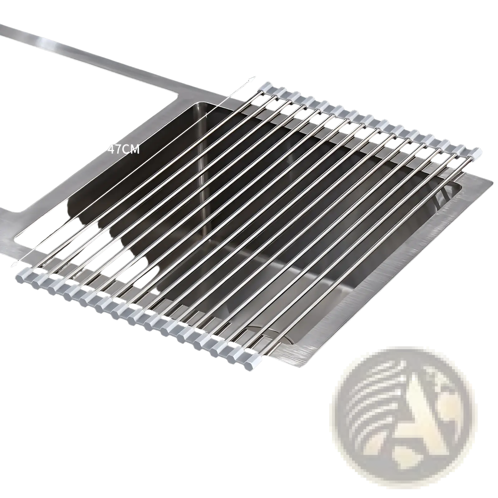 Stainless steel roll up dish drying rack with sleek modern design and white plastic end caps for sink use
