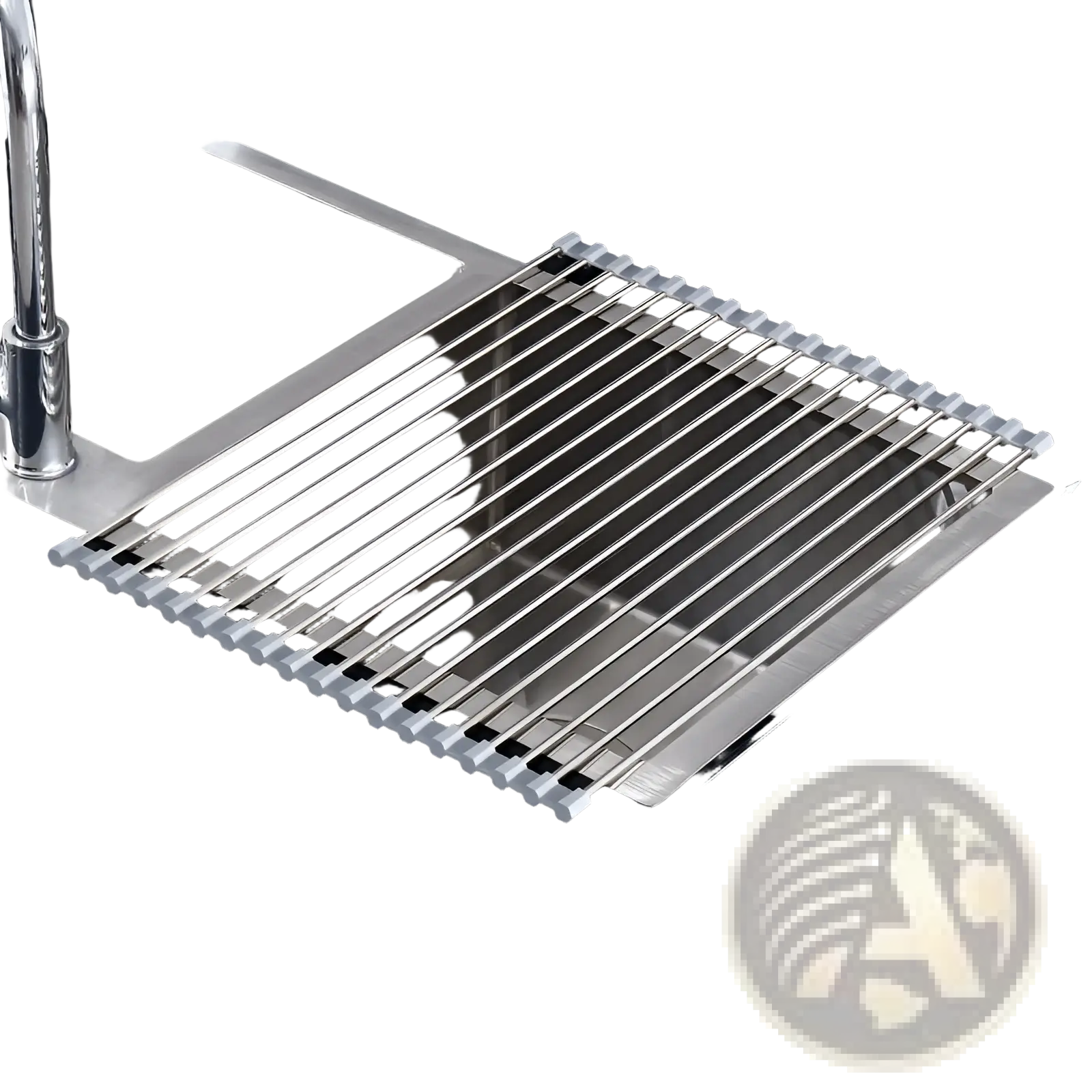 Stainless steel roll up dish drying rack for sink with parallel bars and reinforced edges in silver color