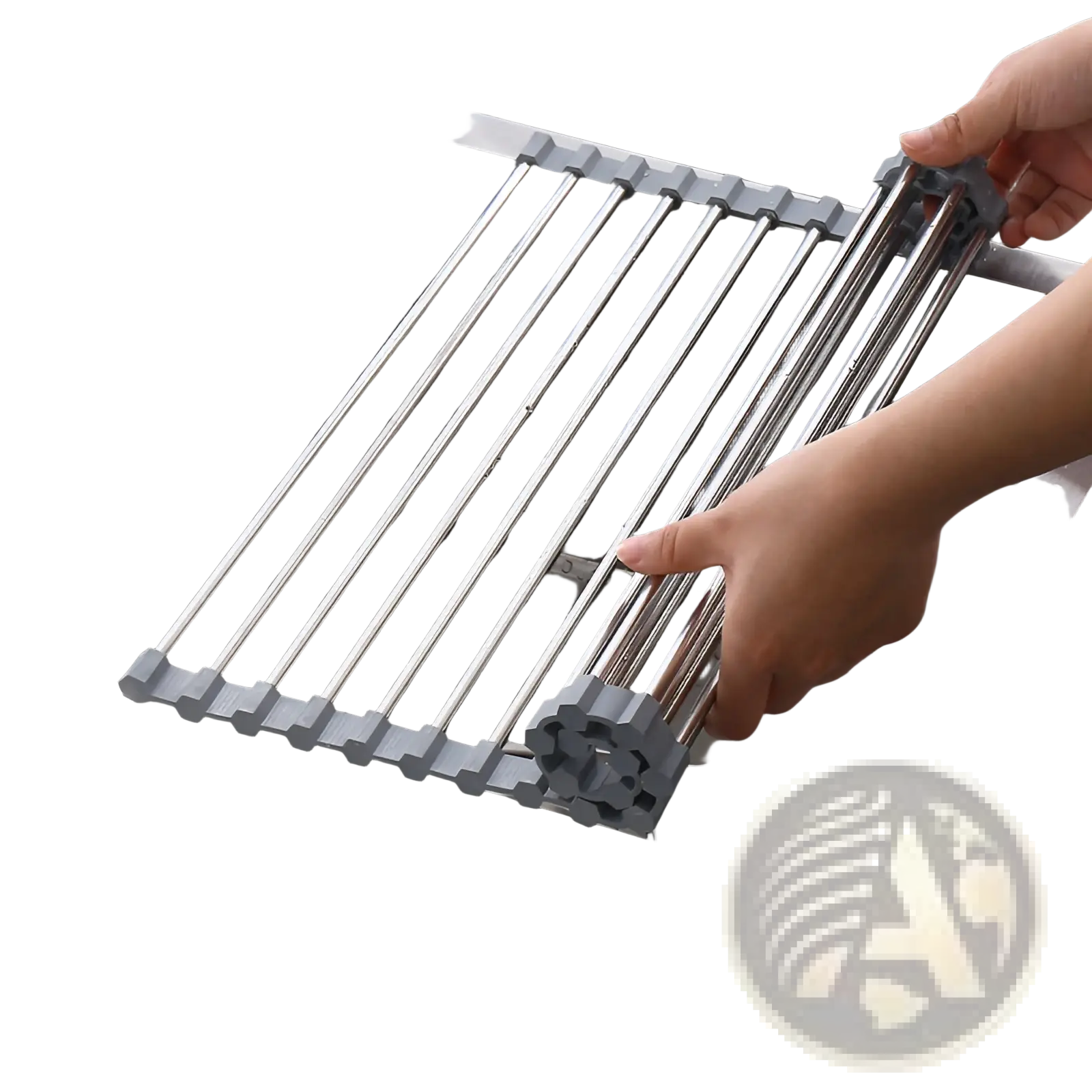 Gray and stainless steel collapsible roll up dish drying rack with grid design for drying dishes over the sink