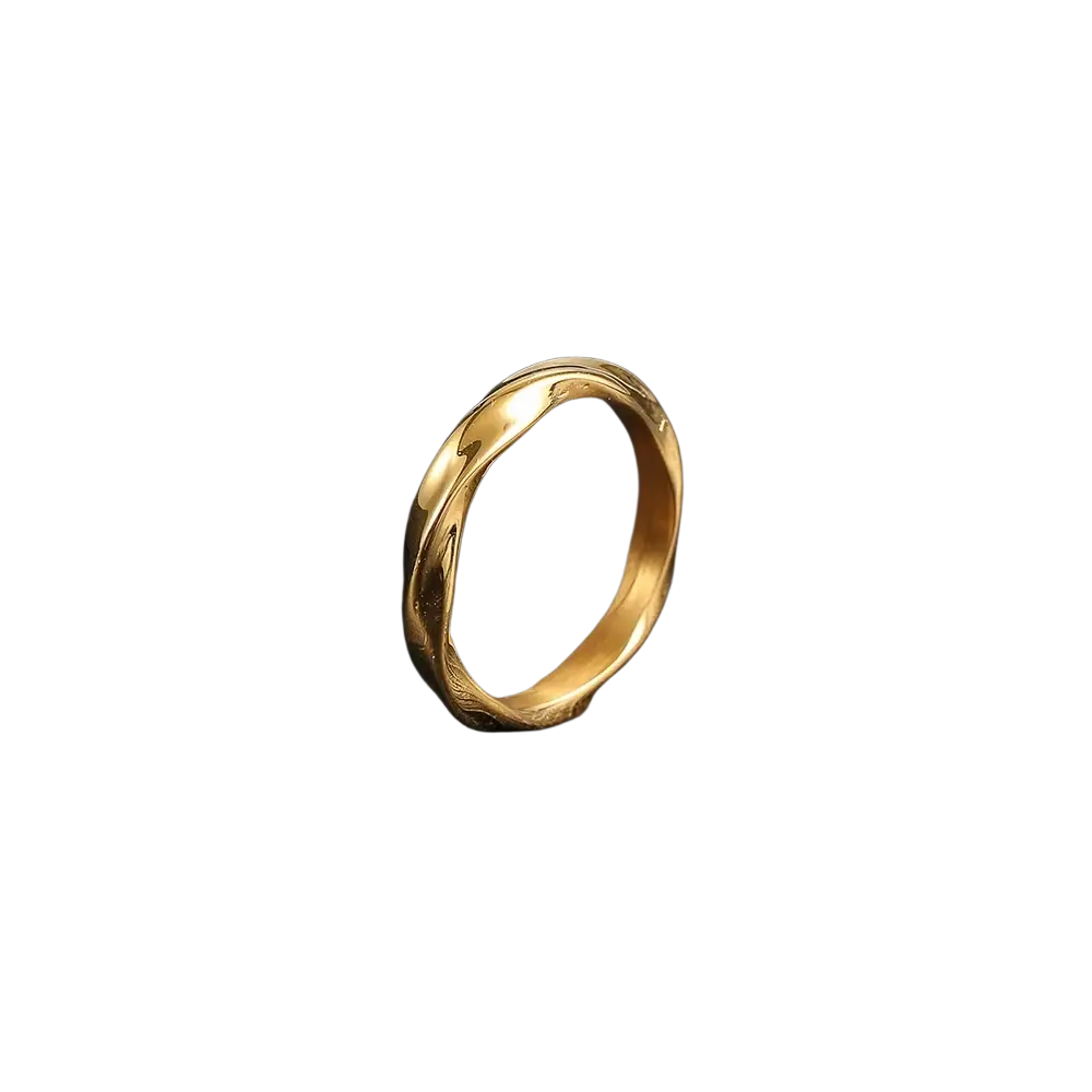 A sleek gold-toned stainless steel rope twisted ring with textured band design in stainless steel color