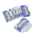 Stainless steel safety razors for men featuring blue and white packaged blades with three cutting edges