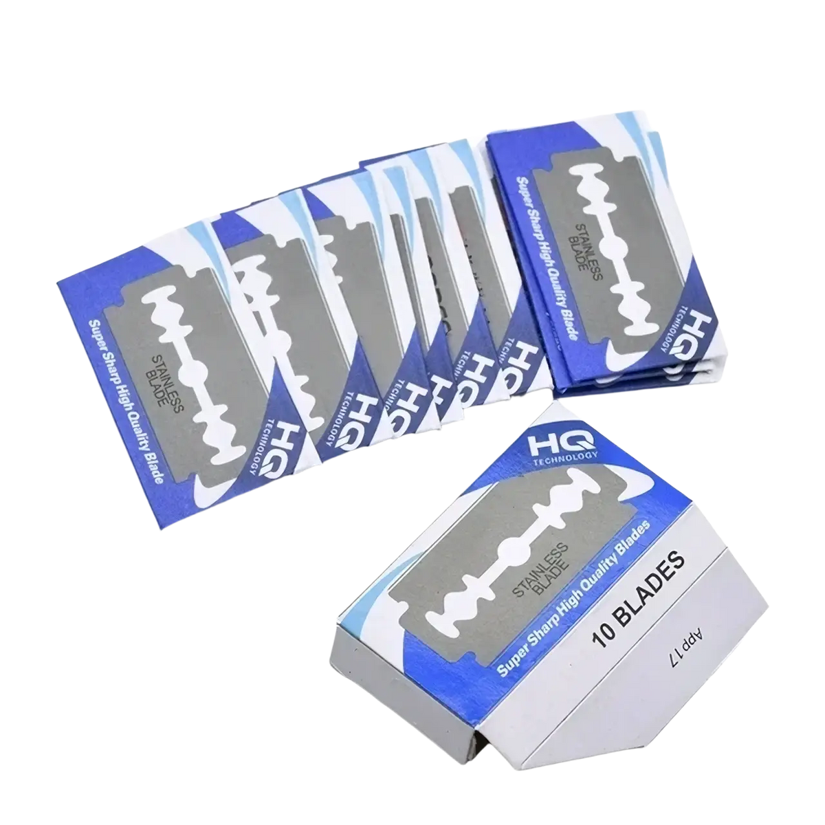 Stainless steel safety razors for men featuring blue and white packaged blades with three cutting edges