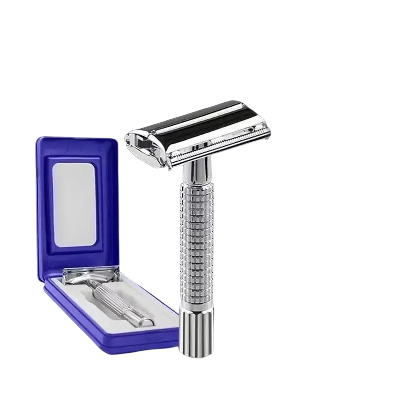 Shiny chrome stainless steel safety razor with textured grip handle and matching blade in blue presentation case