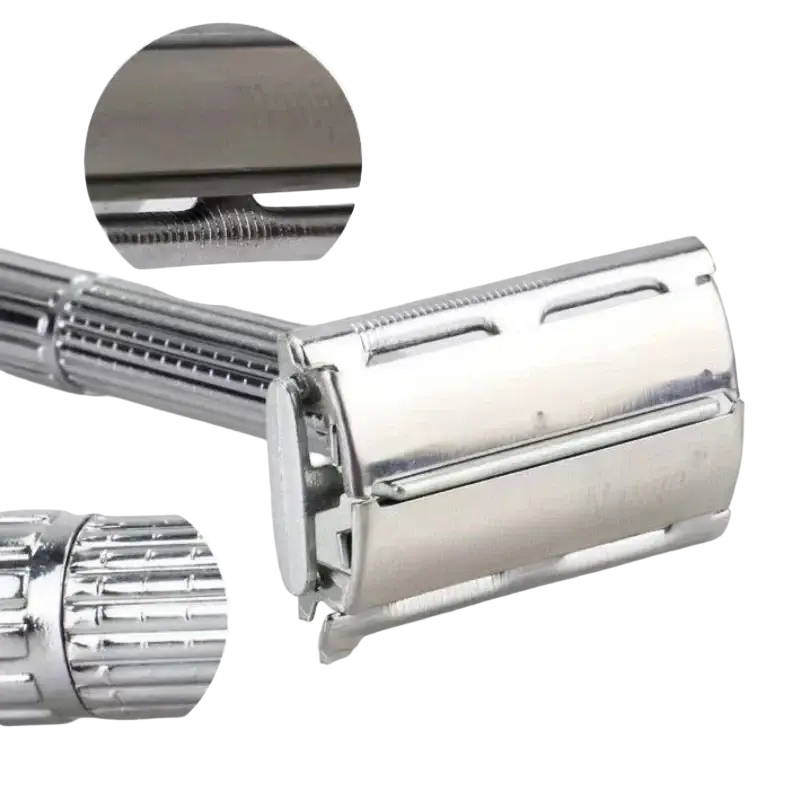 Shiny chrome-finished stainless steel safety razor with textured grip handle and precision-engineered blade guard for men