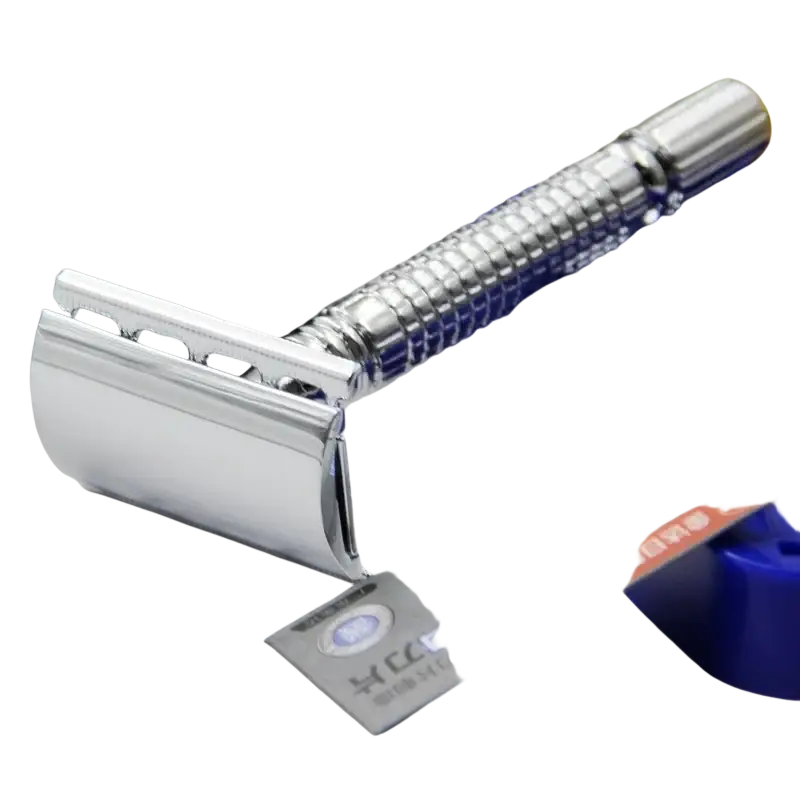 Shiny chrome-finished stainless steel safety razor for men with textured ribbed handle for secure grip
