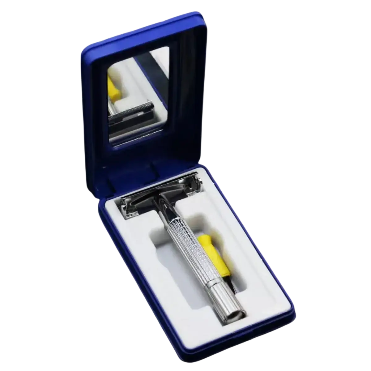 Stainless steel safety razor for men with textured grip and yellow handle cap in blue velvet-lined case