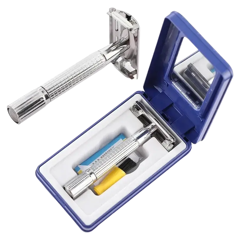 Silver stainless steel safety razor with textured grip and matching blade in blue plastic case for men