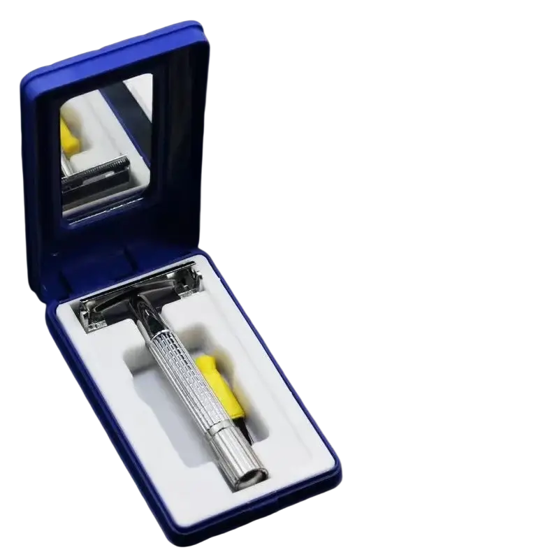 Stainless steel safety razor for men with textured silver grip and yellow handle in blue storage box