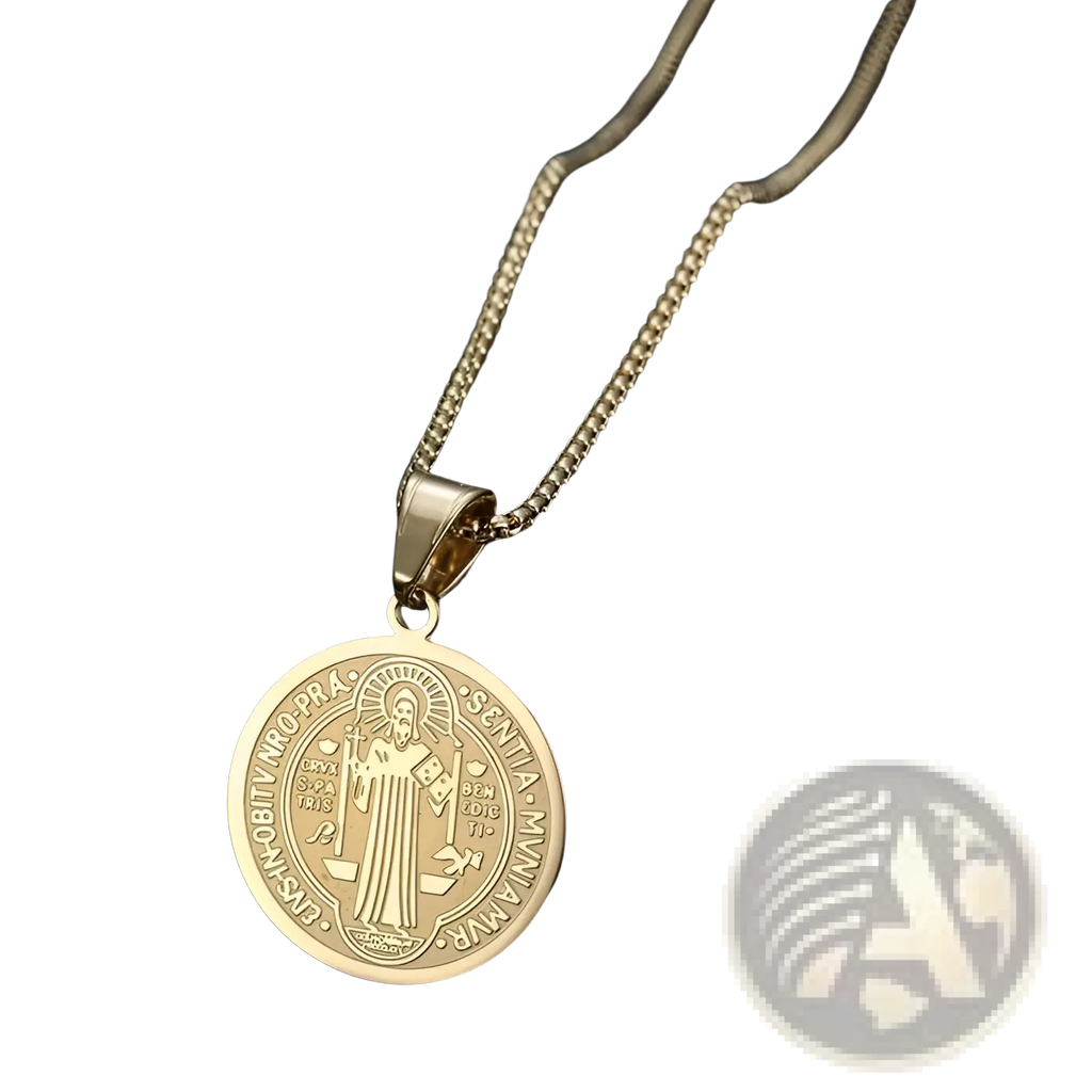 Stainless steel saint benedict medal pendant necklace in gold tone with engraved religious imagery and latin inscription