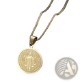 Stainless steel saint benedict medal pendant necklace in gold tone with engraved religious imagery and latin inscription