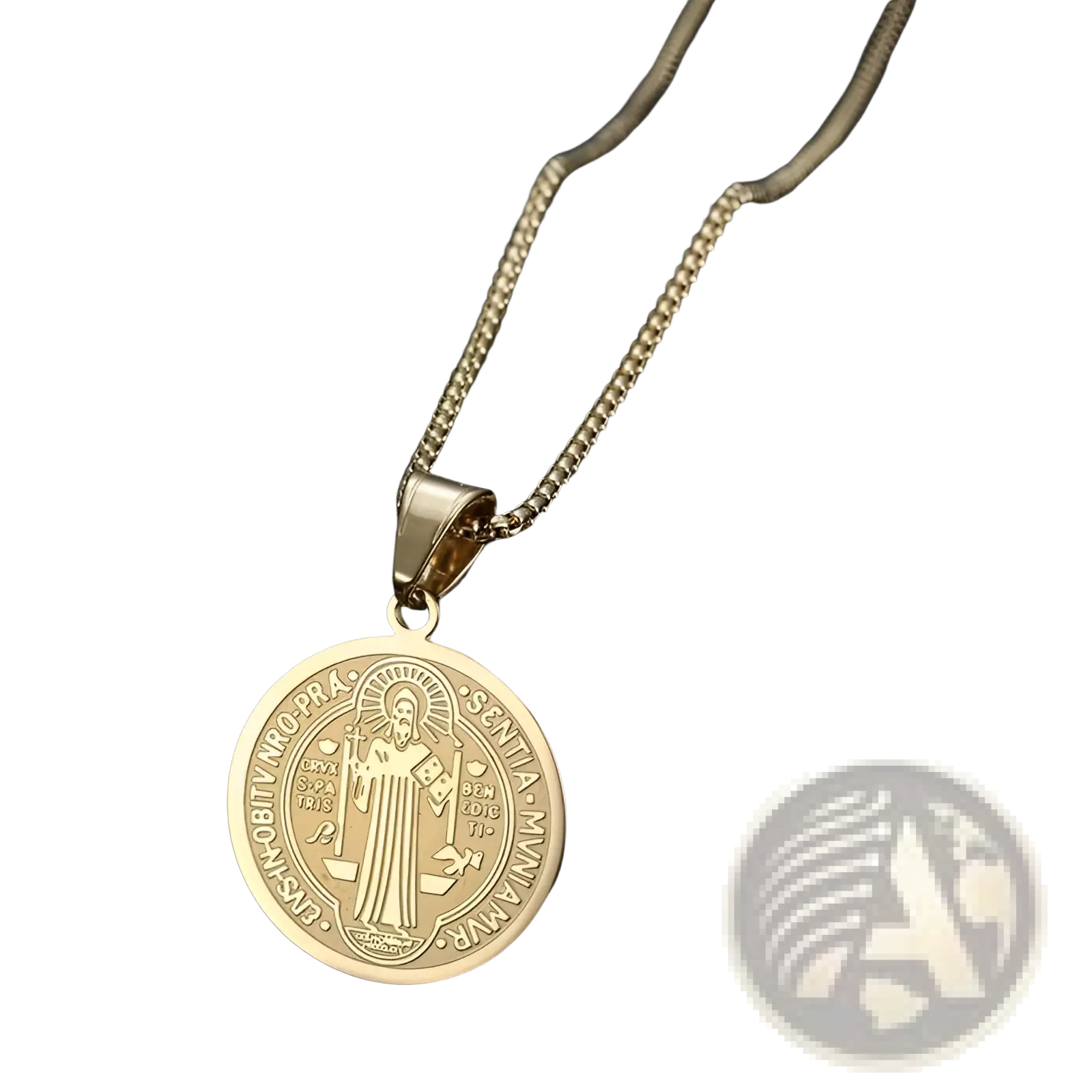 Stainless steel saint benedict medal pendant necklace in gold tone with engraved religious imagery and latin inscription
